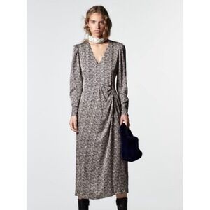 Zara Tami Midi Dress Black White Print V Neck Ruched NWT‎